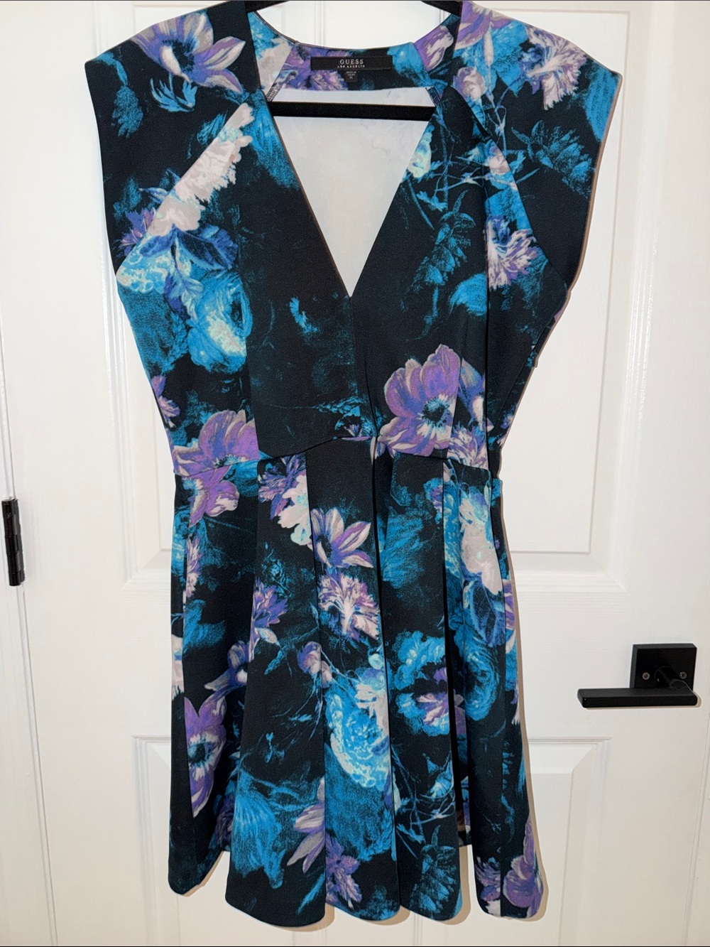 Guess Black Floral VโNeck Mini Dress with Blue & Purple Blooms